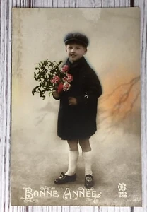 BONNE ANNEE NEW YEAR Young Boy Tinted Real Photo Paris Postcard - Bild 1 von 2