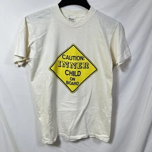 Vtg 80's Novelty Men's M Short Sleeve T-Shirt White Caution Inner Child on Board - Picture 1 of 9
