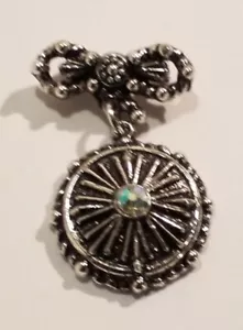 Vintage Brooch Pin Silver Tone Metal Bow W Round Shield Charm & Rhinestone 2" - Picture 1 of 7