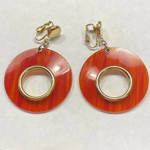 VTG.VIBRANT TORTOISESHELL TONE AUTHENTIC PATTERNED CELLULOID HOOP CLIP EARRINGS - Picture 1 of 10