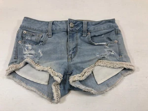 AEO American Eagle Stretch Jean Shortie Shorts 0 Frayed Laced Distressed Lace - Picture 1 of 4