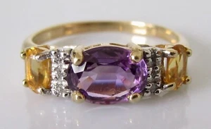 Gold Diamond Ring - 9ct Yellow Gold Amethyst Citrine Diamond Band Ring Size N - Picture 1 of 17