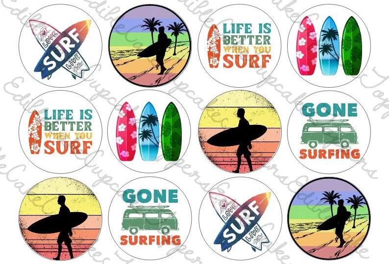 Surfing Cupcake Toppers Edible Cake Icing Surfer Surf - Image 1 of 1