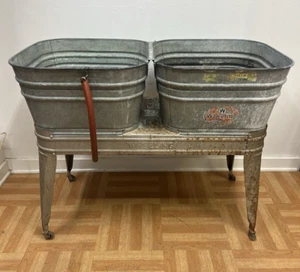 Vintage Double Basin Wash Tub WHEELING stand metal galvanized old rustic planter - Picture 1 of 18