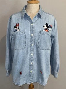 Mickey Unlimited Jerry Leigh Embroidered Women's Blue Denim Button Up Shirt Sz L - Picture 1 of 9