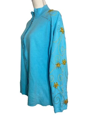 Quacker Factory 2X Full Zip Cardigan Blue Gold Stars Beaded Embellished NWT - Image 1 of 4