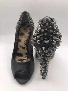 Black leather Sam Edelman Lorissa Peep toe High Heel 8 1/2M rhinestone studs - Picture 1 of 17