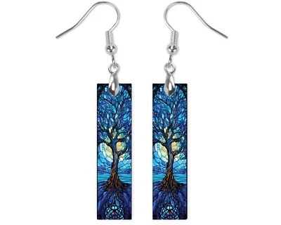 Pendientes, Imitación Azul Vidrieras Estampado Árbol Barra Madera Impreso Pendientes Joyería Foto 1 de 4