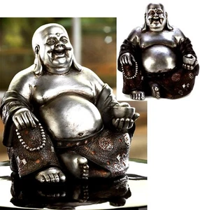 HAPPY SITTING BUDDHA STATUE SCULPTURE HAPPY HOME DECOR *Silver & Black* NIB - Picture 1 of 12