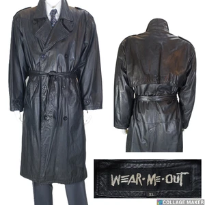 WEAR ME OUT~EC!!~SCHWARZER LEDER VINTAGE Y2K HERREN XL= 46 LANGER DBL-BRST'D TRENCHCOAT - Bild 1 von 16