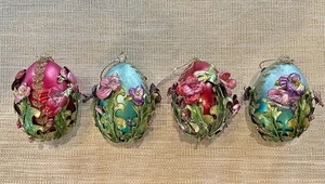 GORGEOUS Jumbo Floral Embellished Egg Ornaments, Set Of 4, Estate Find 5.5”x3.5” - Picture 1 of 6