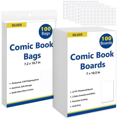 SUNEZLGO Silver Age Comic Book Bags And Boards 100 Comic Book Sleeves And 100 Comic Bo...