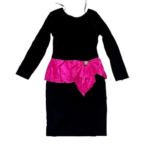 Vintage 80s Nah Nah Collections dress size 10 black velvet long sleeve pink bow - Picture 1 of 8