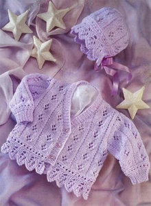 Knitting Pattern Baby Child Lilac Florette Lace Cardigan Bonnet Set 41-66cm 8ply - Picture 1 of 5