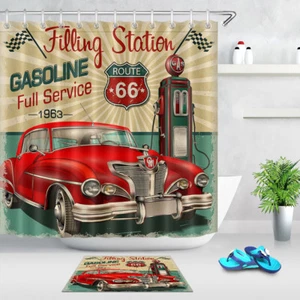 Filling Station Retro Car Shower Curtain Set Bathroom Polyester Fabric w/ Hooks - Picture 1 of 14