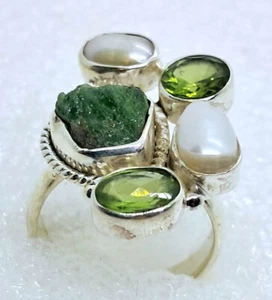 echter Natur Chromdiopsid Rohstein PERIDOT Perlen Ring Gr 16 925 Sterling Silber - Bild 1 von 4