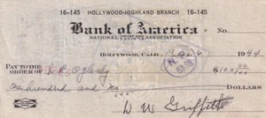 Cheque bancario 1944 firmado por D.W. Griffith (dirigido "Nacimiento de una nación" y co-encontrado.) - Imagen 1 de 1