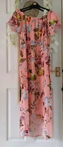 Pretty Peach Floral Fruit Bardot Maxi Dress 👗18 20 ?Holiday Beach - Picture 1 of 11