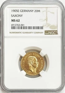 1905 E GOLD SAXONY GERMANY 20 MARK FRIEDRICH AUGUST III COIN NGC MS 62 - Picture 1 of 2