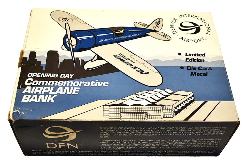 NEW Denver Airport DIA Opening Day Die Cast Airplane Collect Metal Coin Toy Bank - Image 1 of 4