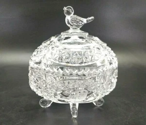 Vintage Crystal 3 Footed Trinket Box Bird On Life Etched - Picture 1 of 12