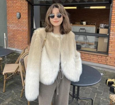 Womens New Fashion Winter Round Collar Long Sleeve Loose Warm Faux Fox Fur Coat - Image 1 of 4