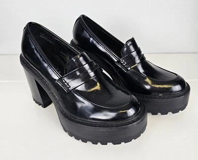 Y2K 90s Madden Girl Womens Kassidy Black Patent Chunky Loafer Heels Size 6.5 - Image 1 of 4
