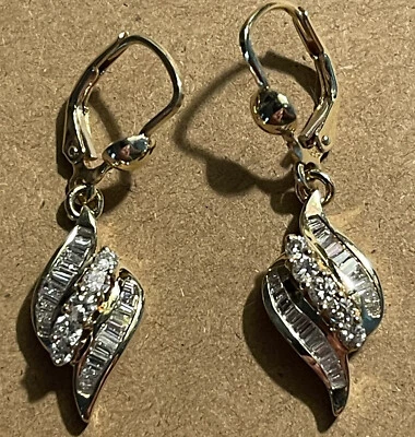 Pendientes de diamantes de oro de 14k, 22 baguettes 5 cortes brillantes cada uno, 1,5 quilates en total Foto 1 de 4
