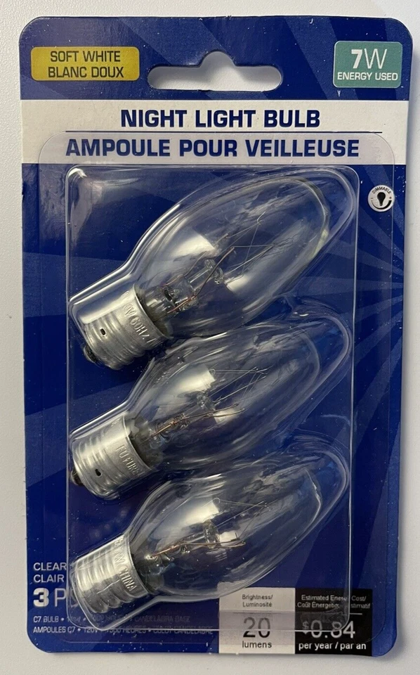3 Pk CLEAR NIGHT LIGHT BULBS 7 Watt  Standard Candelabra Base 3000 Hours New - Image 1 of 1