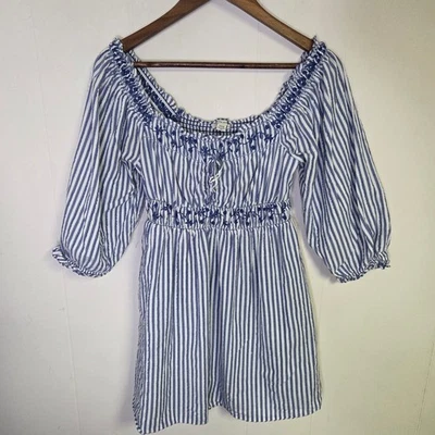 American Eagle Milkmaid Coquette Embroidered Blue Striped Mini Dress Size Small - Image 1 of 4