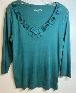 Cato 3/4 Sleeve Ruffled Neck Detail - Teal Pullover Top - Womens Size Medium (H) - Picture 1 of 6