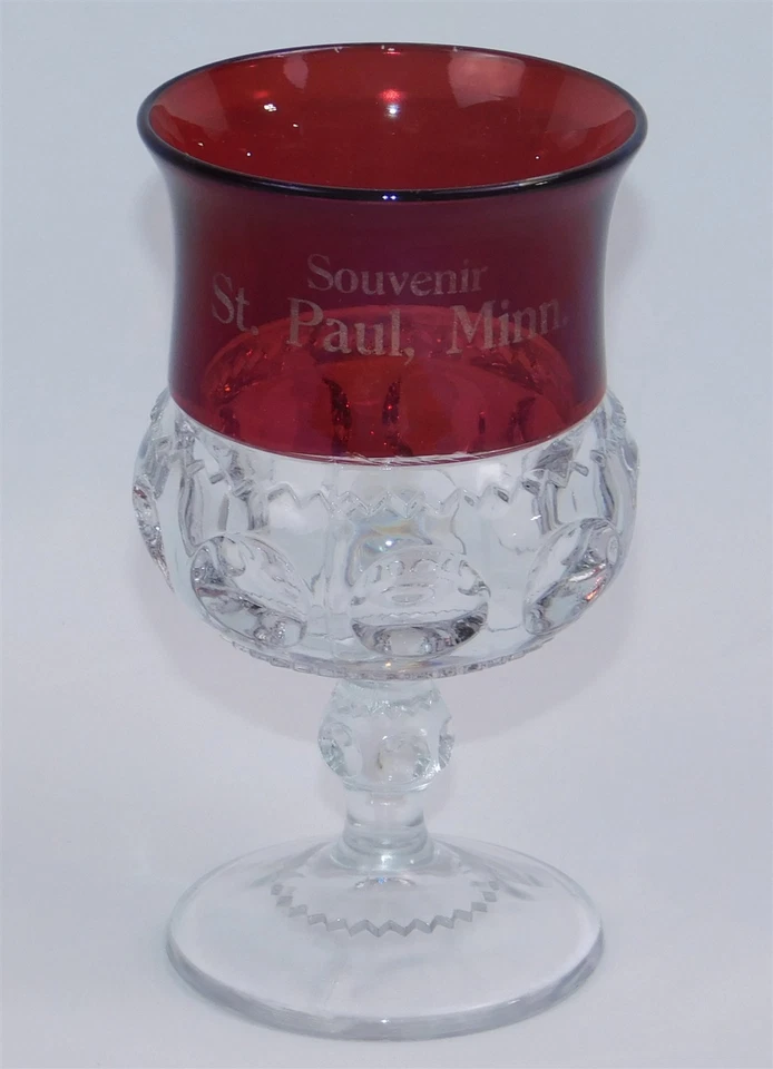 Antique Ruby Stained Etched Kings Crown Glass Goblet Souvenir St. Paul Minn. 4" - Image 1 of 4