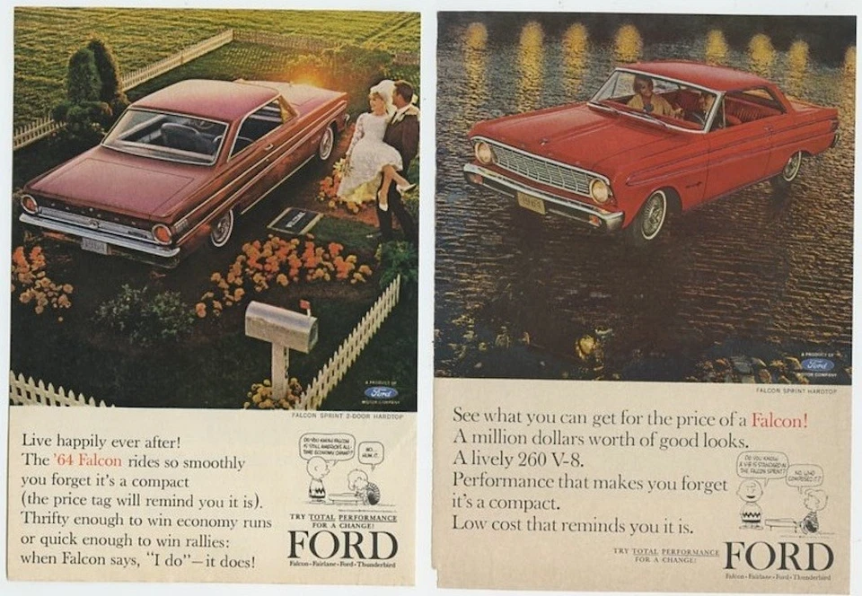Винтажные объявления Ford Falcon Total Performance Ask Charlie Brown 1960-е 2 разных - Изображение 1 из 1