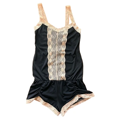 Fredericks of Hollywood Black Beige Lace Romper One Piece Teddy Fits Like M / L - Image 1 of 4