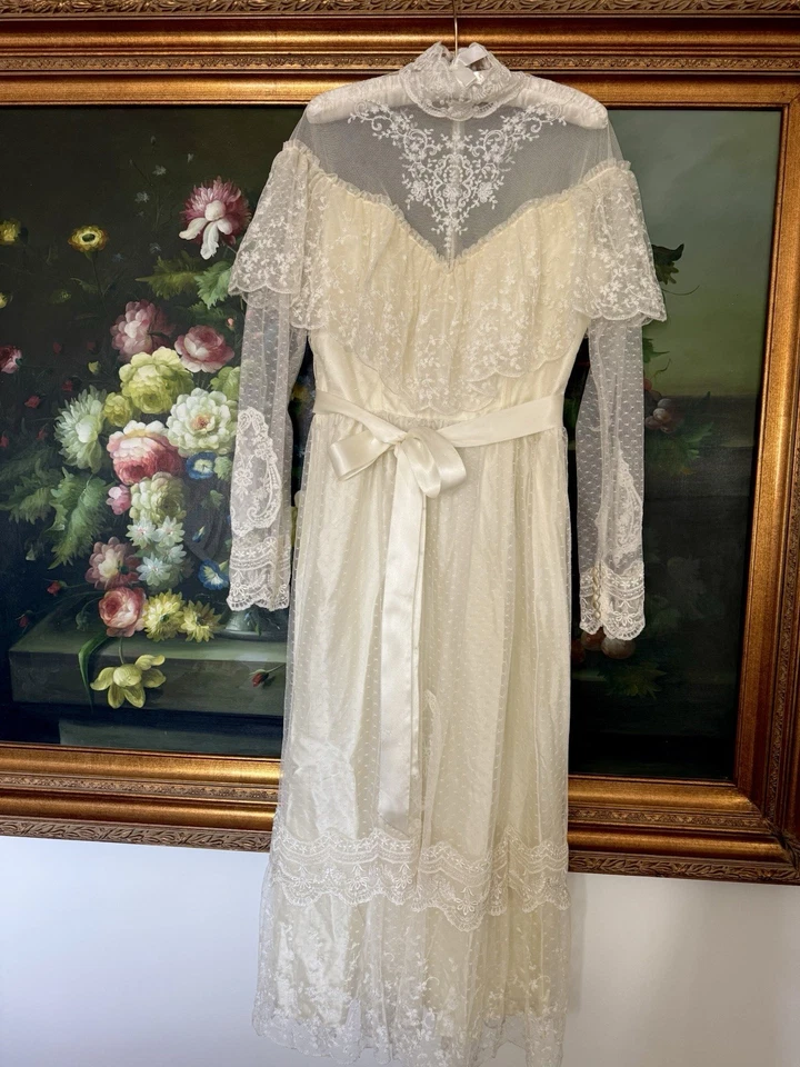 Alfred Angelo Vintage 70s Victorian Edwardian Lace Ivory Wedding Dress Prairie - Image 1 of 4