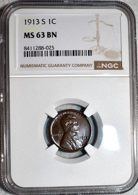 NGC MS-63 BN 1913-S Lincoln Cent, Beautifully Toned, Radiant specimen! - Image 1 of 2