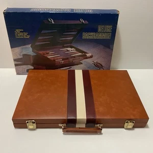 Vintage Backgammon Set Game Deluxe Brown Solid Briefcase Complete in Box - Picture 1 of 9