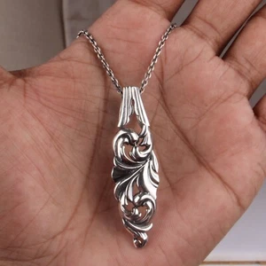 Silver Feather Necklace, Large Feather Pendant, Boho Style Oxidized Necklace - Picture 1 of 5