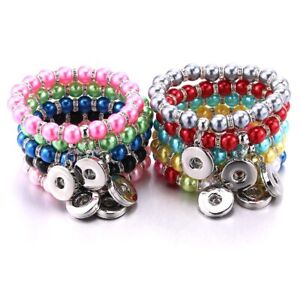 Handmade 8mm Crystal Pearls Bead Snap Bracelet Fit 18mm Buttons Jewelry DIY