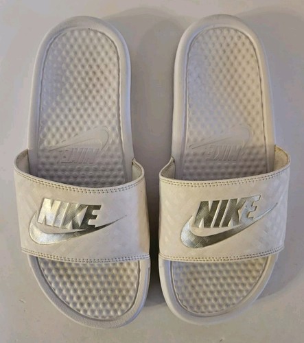 Sandali Nike Donna 8 Bianco Benassi Slides Argento Logo Impermeabili