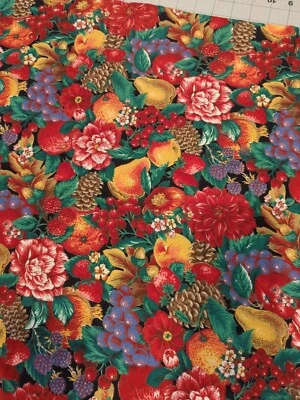 Joan Kessler Concord Fruit Florals Berries Black Cotton Quilting Fabric 1 Yard - Image 1 of 4