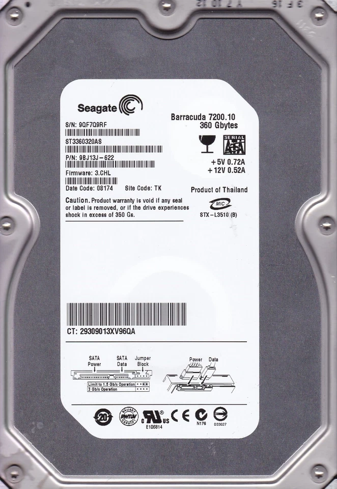 ST3360320AS  p/n: 9BJ13J-622  s/n: 9Qf...  fw:3.CHL  360GB  SATA  site: TK  C2-5 - Image 1 of 3