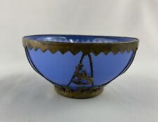 Vintage Chinse Translucent Blue Glass Bowl With Brass Overlay 4.5" wide 2.5"Tall