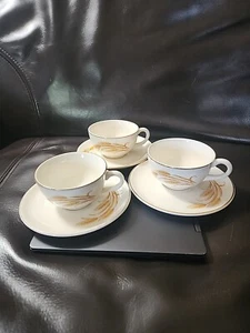 Homer Laughlin Golden Wheat Flat Cup and Saucer Set 22K Gold Trim Set of 3 - Picture 1 of 8