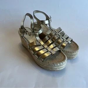 TORY BURCH Women's 10 Gold Fisherman Espadrille Wedge Platform Sandals Round Toe - Imagen 1 de 12