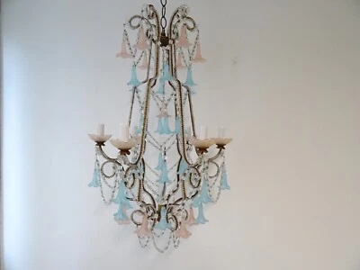 ~Lanza de araña de Murano opalino campanas francesas rosa y azul circa 1900~ Foto 1 de 4