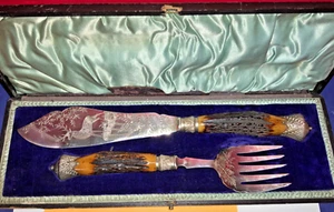 Vintage Walker & Hall Ornately Stag Antler Fish Serving Set - AS IS - Picture 1 of 20