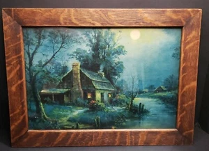 Gerahmtes Bild Volkskunsthaus mit Mond über dem Fluss - Bild 1 von 2