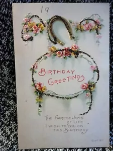 PostCard Birthday Greetings Floral Rose horse Shoe used 1917 Vintage - Picture 1 of 5