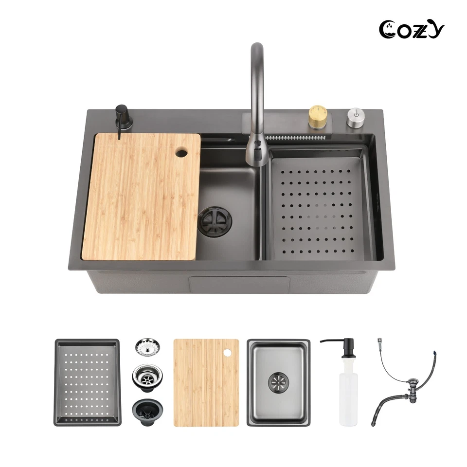 30x22 Cozy Multifunctional Drop-in Sink Pull-down&Waterfall Faucet&Cutting Board